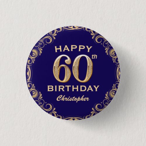 60th Birthday Party Navy Blue and Gold Glitter Button