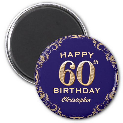 60th Birthday Party Navy Blue and Gold Glitter Magnet