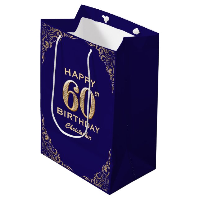 60th Birthday Party Navy Blue and Gold Glitter Medium Gift Bag (Front Angled)