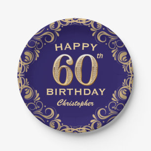 60th Birthday Party Navy Blue and Gold Glitter Paper Plates