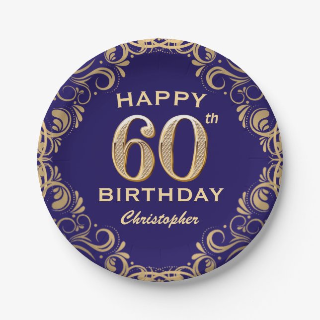 60th Birthday Party Navy Blue and Gold Glitter Paper Plates (Front)