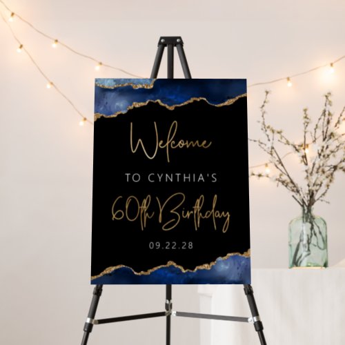 60th Birthday Party Navy Blue Gold Agate Welcome Foam Board