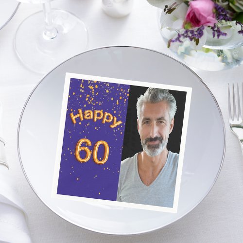 60th birthday party navy blue gold photo guy napkins