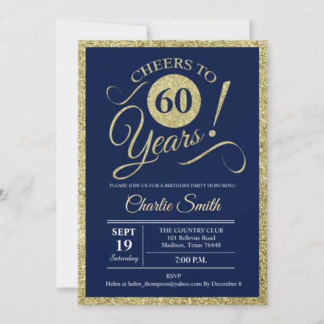 60th Birthday Party - Navy Gold ANY YEAR Invitation (Front)