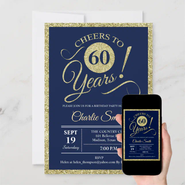 60th Birthday Party - Navy Gold ANY YEAR Invitation | Zazzle