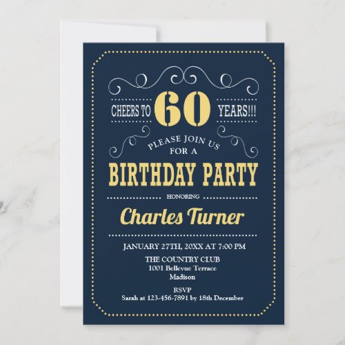 60th Birthday Party _ Navy Gold Invitation