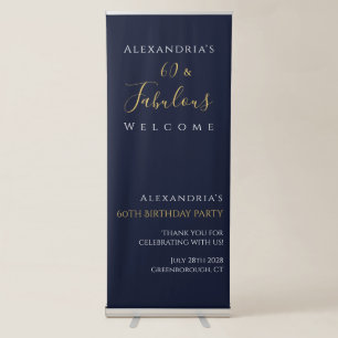 60th Birthday Party Navy Gold Welcome Retractable Banner