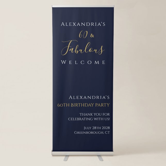 60th Birthday Party Navy Gold Welcome Retractable Banner (Front)