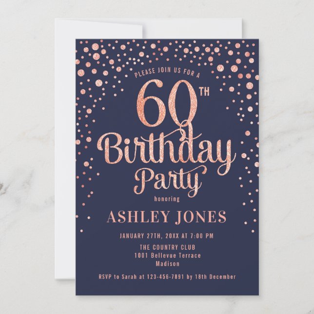 60th Birthday Party - Navy & Rose Gold Invitation (Front)