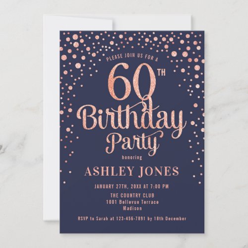 60th Birthday Party _ Navy  Rose Gold Invitation