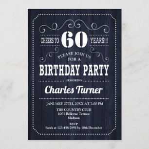 60th Birthday Party - Navy Wood Pattern Invitation