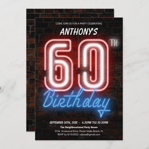 60th Birthday Party Neon Lights 80s Retro Custom Invitation