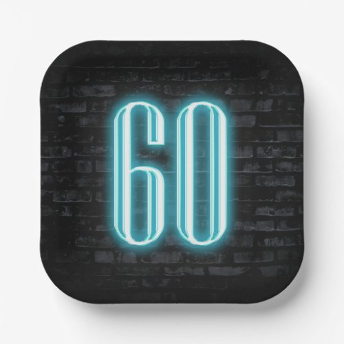 60th Birthday Party Neon Sign on Brick  Paper Plates