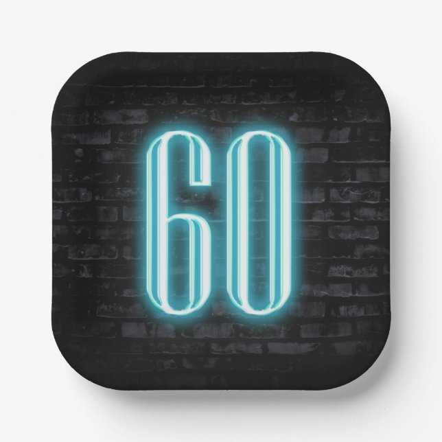 60th Birthday Party Neon Sign on Brick  Paper Plates (Front)