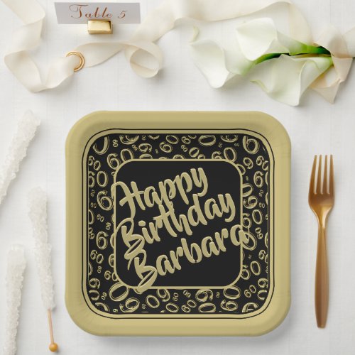 60th Birthday Party Number Pattern Black Gold Paper Plates