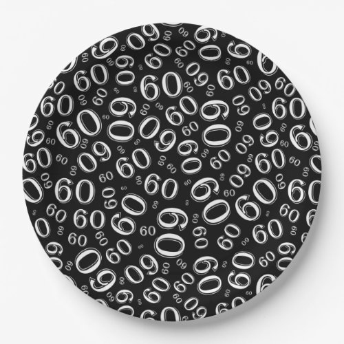 60th Birthday Party Number Pattern BlackWhite Paper Plates