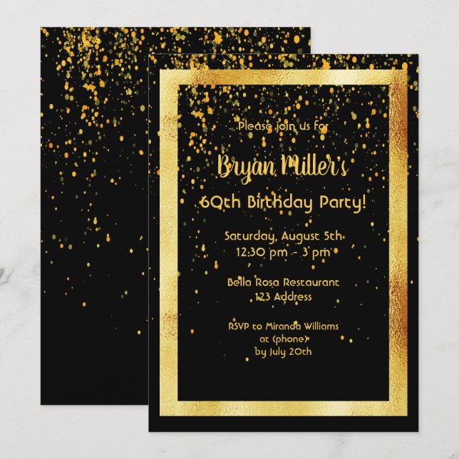 60th birthday party on black with faux gold frame invitation (Front/Back)