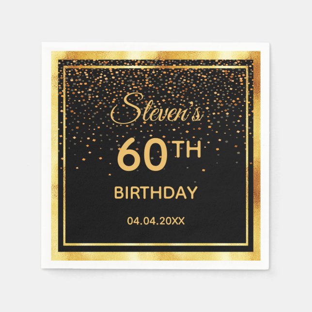 60th birthday party on classic black gold confetti napkins (Front)