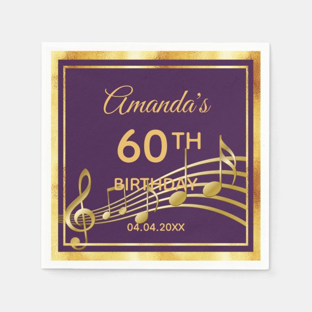 60th birthday party on elegant purple gold music napkins (Front)