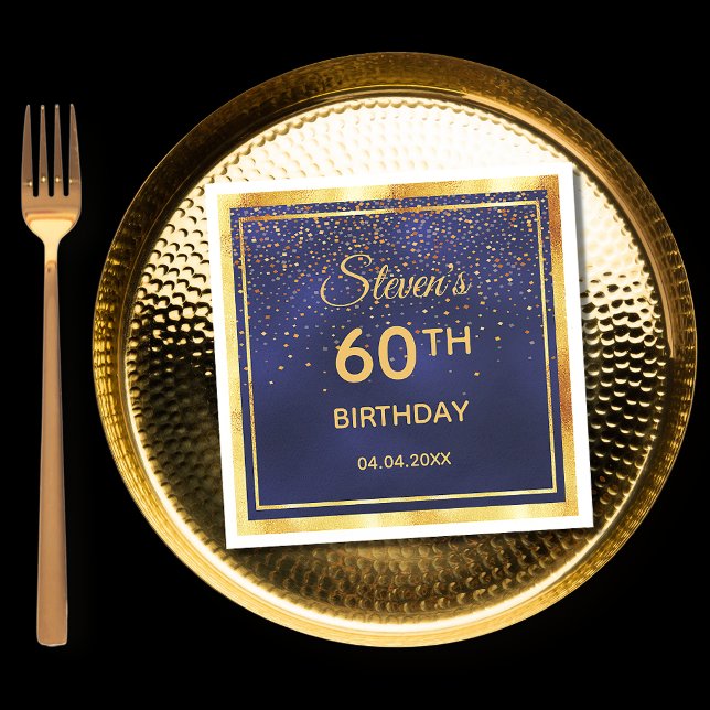 60th birthday party on midnight blue gold confetti napkins (Creator Uploaded)