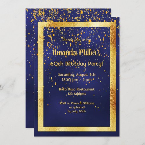 60th birthday party on midnight blue gold frame invitation