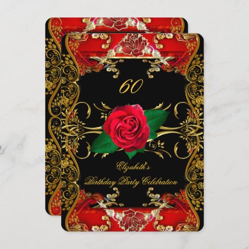 60th Birthday Party Ornate Gold Black Red Roses Invitation