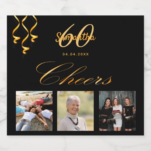60th birthday party photo black gold cheers script sparkling wine label