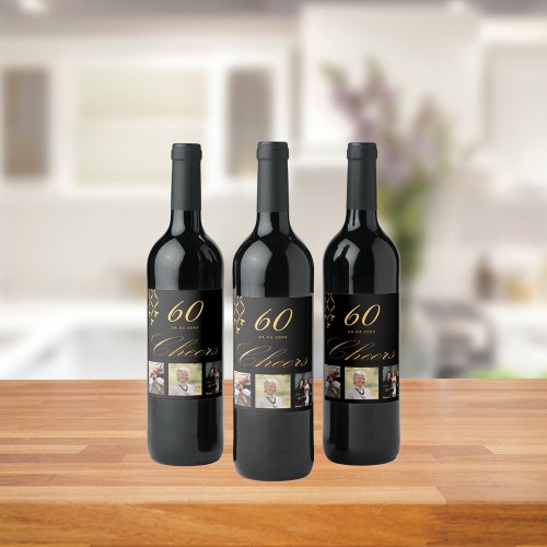 60th birthday party photo black gold cheers script wine label