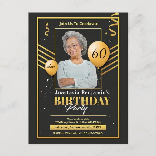60th Birthday Party Photo Black Gold Invitation  Postcard