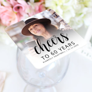 60th Birthday Party Photo Black Script Cheers Square Paper Coaster