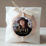 60th Birthday Party Photo Cheers Classic Round Sticker<br><div class="desc">This custom 60th birthday sticker features the guest of honor's personalized photo and birthday,  along with the word "Cheers" in elegant gold-colored calligraphy script. A dark screen helps make the text pop. A great way to celebrate someone who's turning sixty!</div>