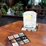 60th birthday party photo collage black square paper coaster<br><div class="desc">A party coaster for a girly 60th birthday party,  celebrating her life with a collage of 8 of your photos.  Templates for a name,  age 60 and a date.  Date of birth or the date of the party.  White and gray colored letters.  Elegant black background.</div>