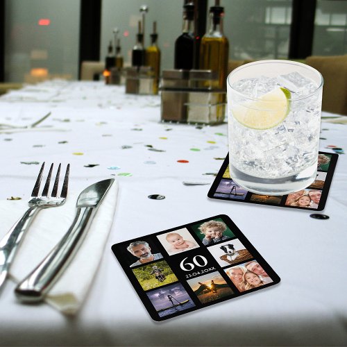 60th birthday party photo collage guy black square paper coaster