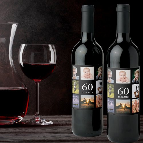 60th birthday party photo collage guy black wine label