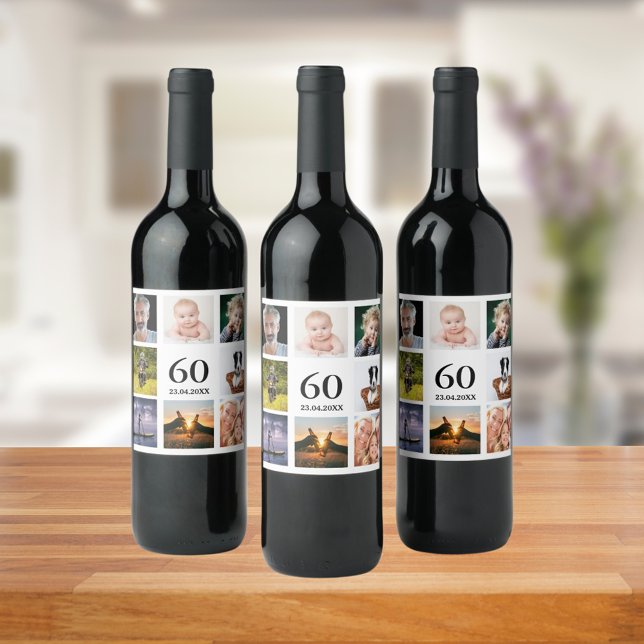 60th birthday party photo collage guy wine label (Creator Uploaded)