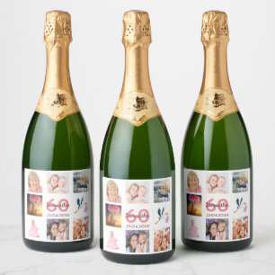 60th birthday party photo collage monogram sparkling wine label