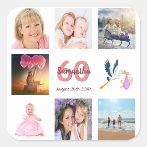 60th birthday party photo collage square sticker