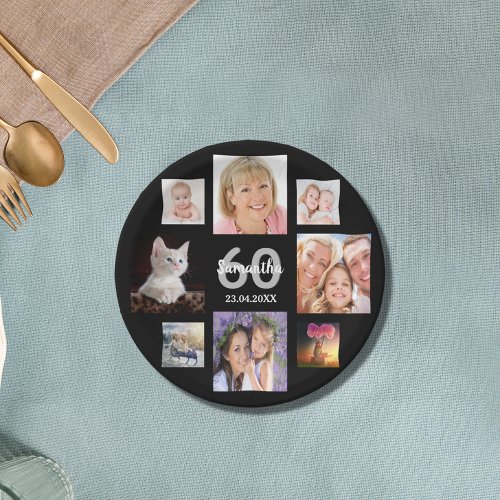 60th birthday party photo collage woman black paper plates