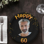 60th birthday party photo gold balloons black paper plates<br><div class="desc">A paper plate for a 60th birthday party for guys. Template for your photo.  Black background and the text: Happy 60.  The text is written with a trendy faux gold balloon script.  Golden confetti as decoration.
Matching paper napkins are available in our store!</div>