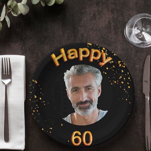 60th birthday party photo gold balloons black paper plates