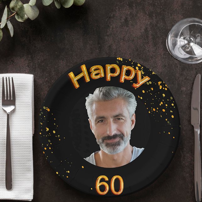 60th birthday party photo gold balloons black paper plates (Creator Uploaded)
