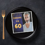 60th birthday party photo gold balloons blue napkins<br><div class="desc">A napkin for guys 60th birthday party. Template for your photo.  Dark blue background and the tex: Cheers to 60.  The text is written with a trendy faux gold balloon script. The dark blue color is uneven.  With golden confetti as decor.</div>