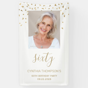 60th Birthday Party Photo Gold Confetti White Banner