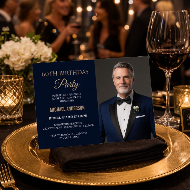 60th Birthday Party Photo Invite (Navy and gold 60th birthday party invitation with elegant photo layout)