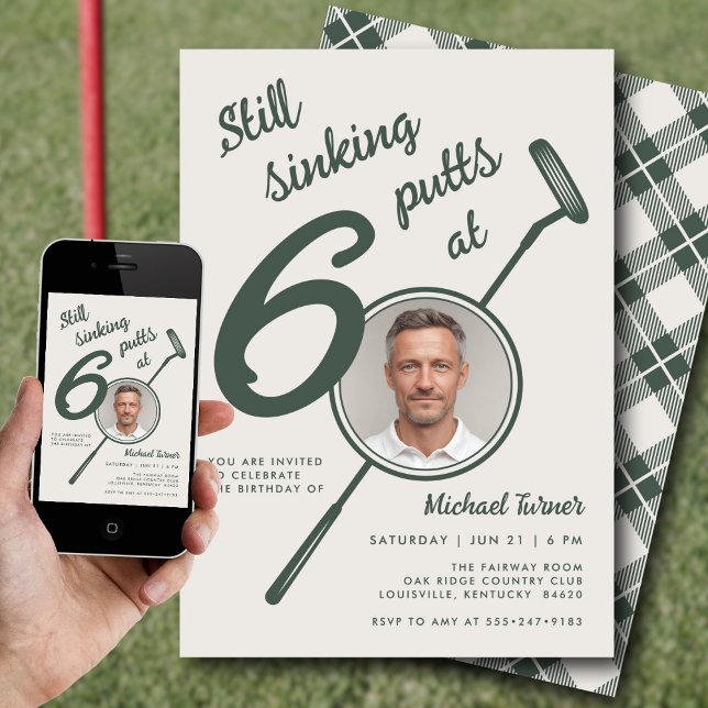 60th Birthday Party Photo Modern Golf Putter Green Invitation (Creator Uploaded)