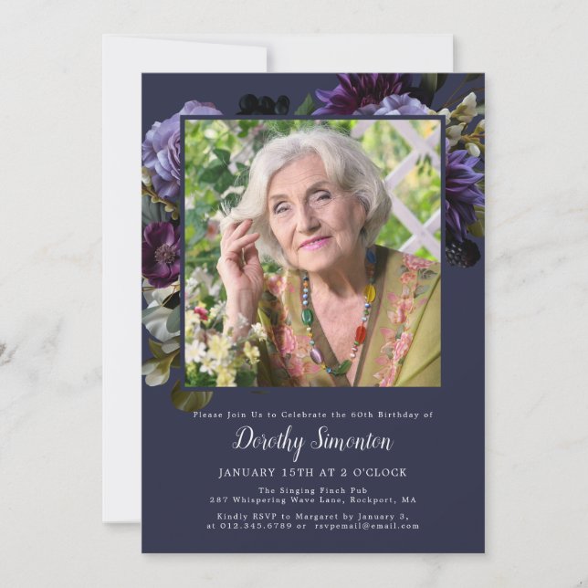60th Birthday Party Photo Moody Purple Floral Invitation (Front)