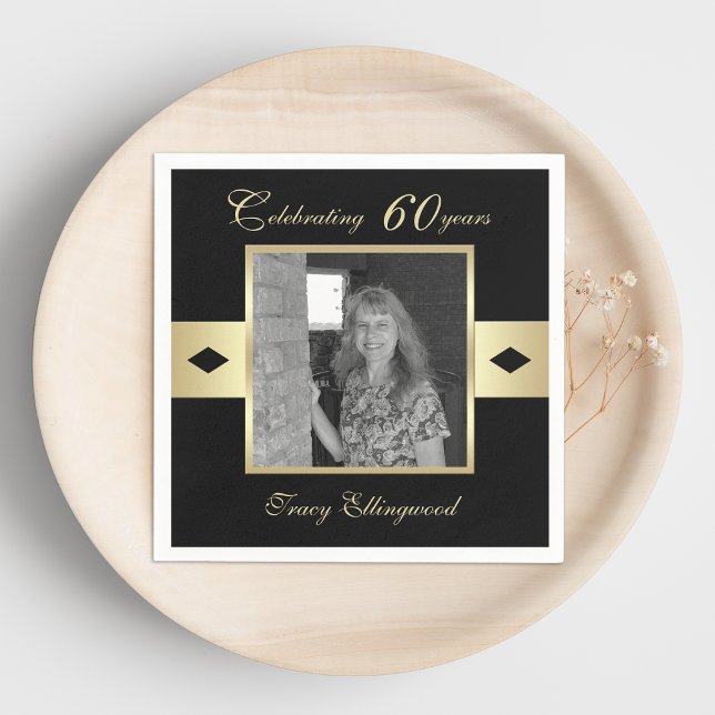 60th Birthday Party Photo on Black Napkins (Creator Uploaded)
