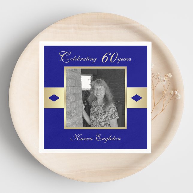 60th Birthday Party Photo on Navy Blue Napkins (Creator Uploaded)