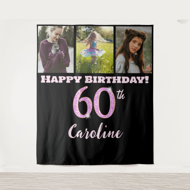 60th Birthday Party, Pink Glitter & 3 photos Tapestry (Front)