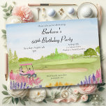 60th Birthday Party Pink Golf Cart Golf Course Invitation<br><div class="desc">This charming watercolor features a pine-lined golf course and a playful pink golf cart, framed by soft pink astilbe and blooming Russian sage—creating a lighthearted, serene setting perfect for a 60th birthday celebration. Ideal for the woman who loves golf and beautiful details, this invitation blends floral elegance with sporty fun....</div>